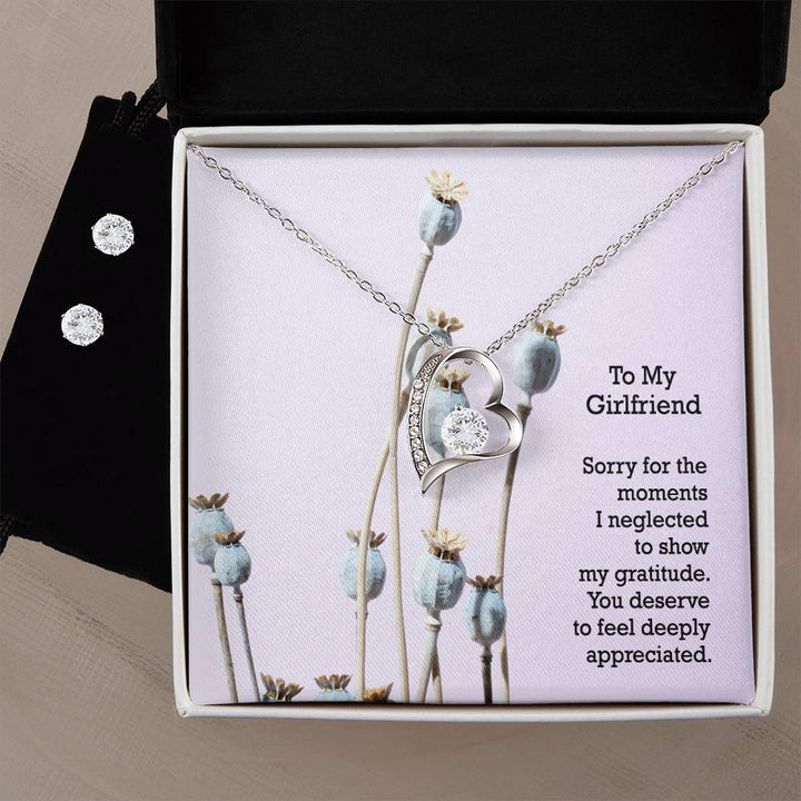 To My Girlfriend, Sorry For The Moments I Neglected To Show My Gratitude - Forever Love Necklace &amp; Clear CZ Earrings - Gift for Girlfriend