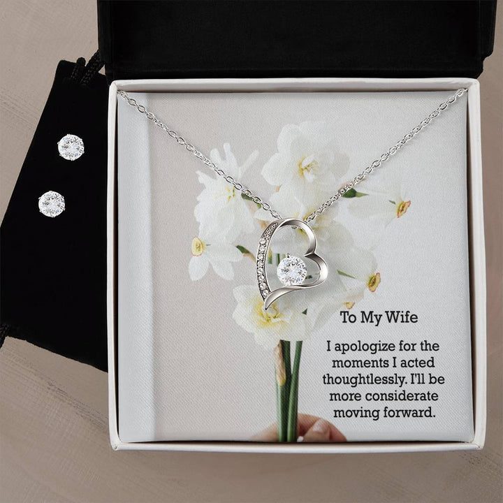 To My Wife, I Apologize For The Moments I Acted Thoughtlessly - Forever Love Necklace &amp; Clear CZ Earrings - Gift for Wife