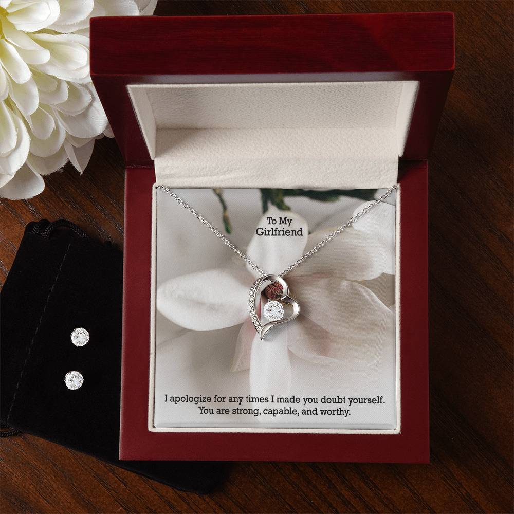 To My Girlfriend, I Apologize For Any Times I Made You Doubt Yourself - Forever Love Necklace &amp; Clear CZ Earrings - Gift for Girlfriend