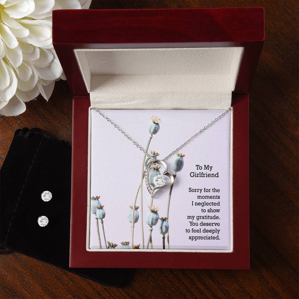To My Girlfriend, Sorry For The Moments I Neglected To Show My Gratitude - Forever Love Necklace &amp; Clear CZ Earrings - Gift for Girlfriend