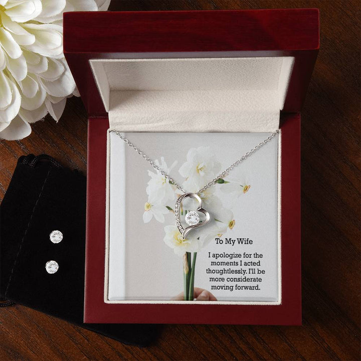 To My Wife, I Apologize For The Moments I Acted Thoughtlessly - Forever Love Necklace &amp; Clear CZ Earrings - Gift for Wife