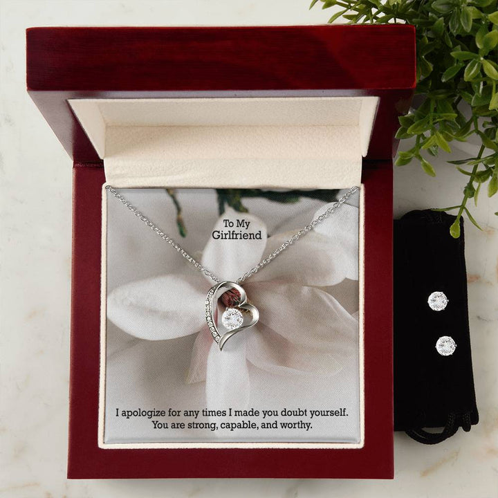 To My Girlfriend, I Apologize For Any Times I Made You Doubt Yourself - Forever Love Necklace &amp; Clear CZ Earrings - Gift for Girlfriend