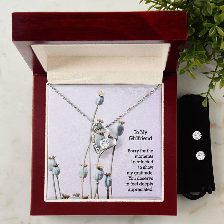 To My Girlfriend, Sorry For The Moments I Neglected To Show My Gratitude - Forever Love Necklace &amp; Clear CZ Earrings - Gift for Girlfriend