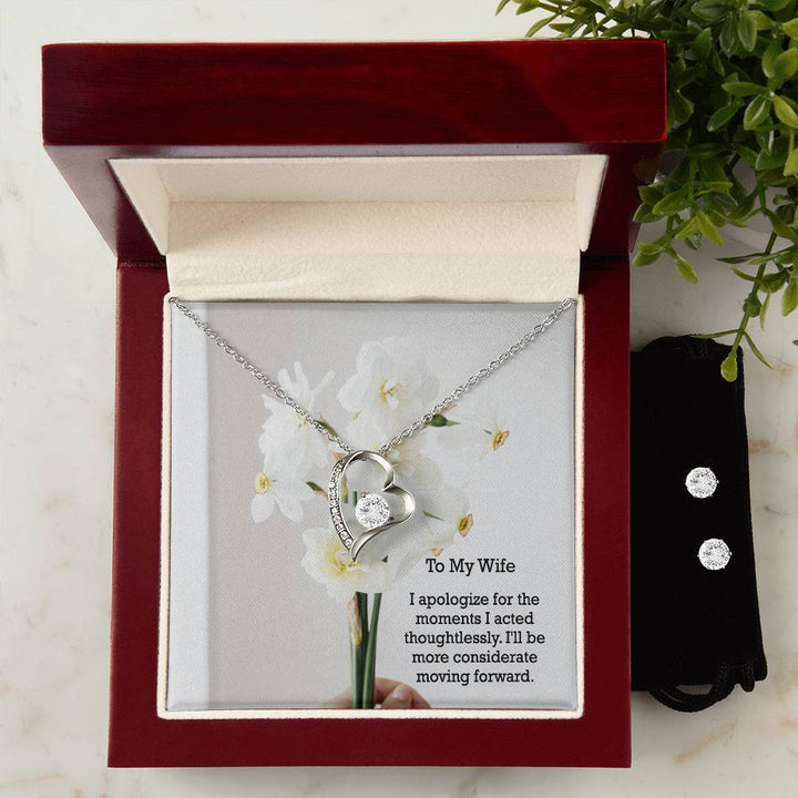 To My Wife, I Apologize For The Moments I Acted Thoughtlessly - Forever Love Necklace &amp; Clear CZ Earrings - Gift for Wife