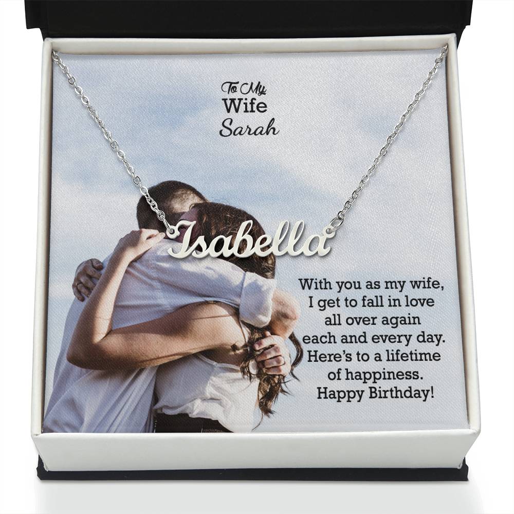 To My Wife, I Get To Fall In Love All Over Again Each & Everyday - Happy Birthday - Custom Name Necklace with Message Card - Gift for Wife