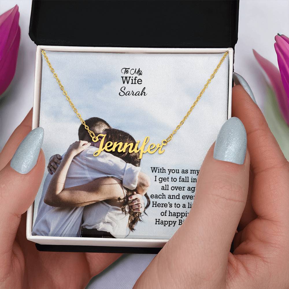 To My Wife, I Get To Fall In Love All Over Again Each & Everyday - Happy Birthday - Custom Name Necklace with Message Card - Gift for Wife