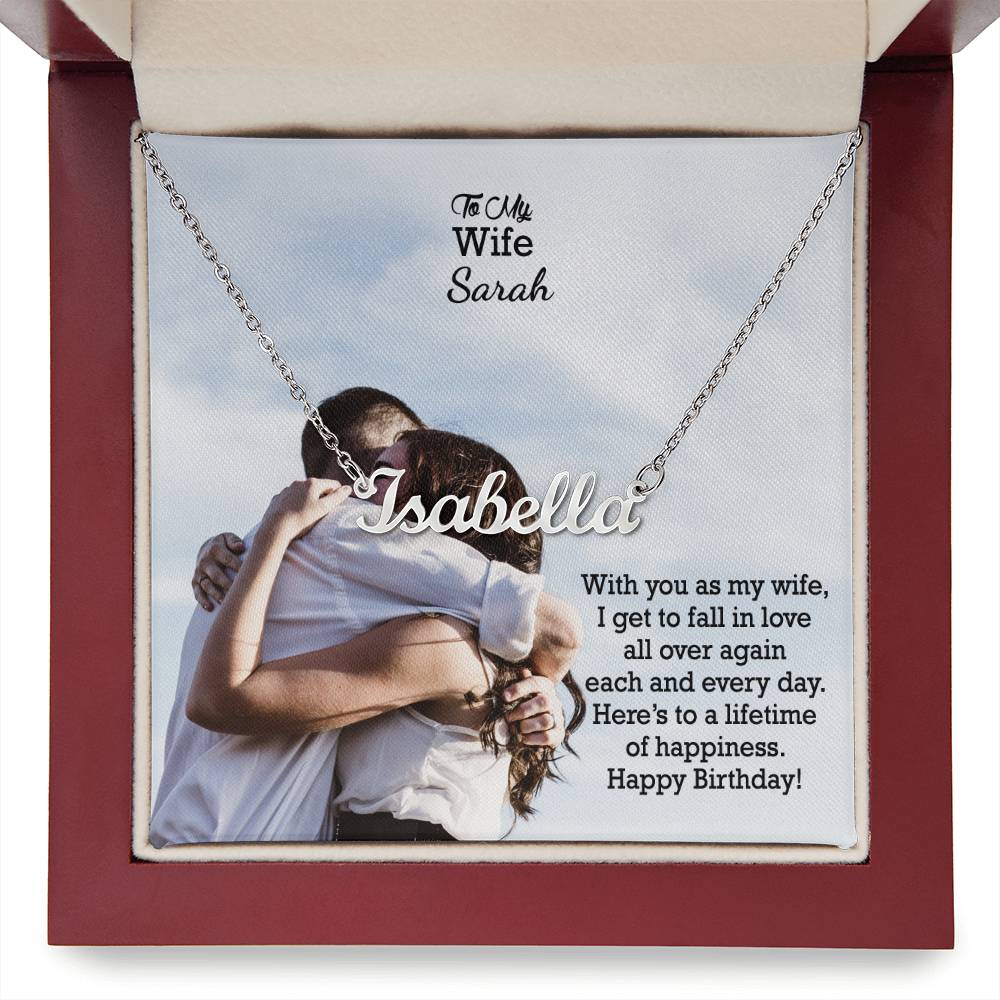 To My Wife, I Get To Fall In Love All Over Again Each & Everyday - Happy Birthday - Custom Name Necklace with Message Card - Gift for Wife