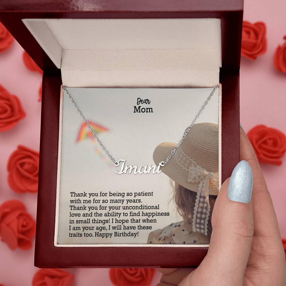 Dear Mom, Thank You For Your Unconditional Love & The Ability To Find Happiness In Small Things! - Happy Birthday - Custom Name Necklace with Message Card - Gift for Mom