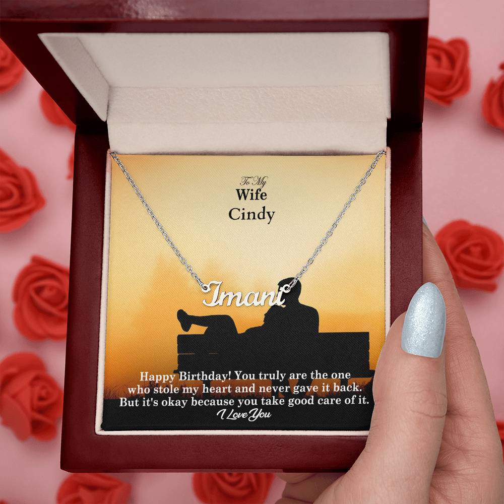 To My Wife, Happy Birthday! - You Truly Are The One Who Stole My Heart &amp; Never Gave It Back - Custom Name Necklace with Message Card - Gift for Wife