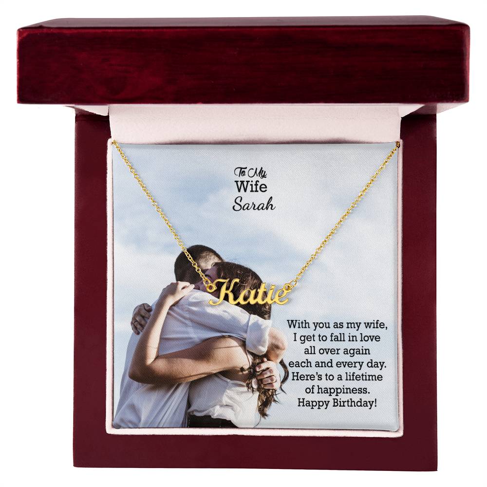 To My Wife, I Get To Fall In Love All Over Again Each & Everyday - Happy Birthday - Custom Name Necklace with Message Card - Gift for Wife