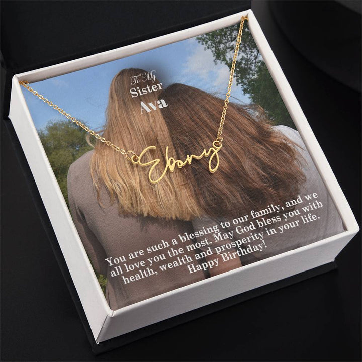 To My Sister, May God Bless You With Health, Wealth &amp; Prosperity In Your Life - Happy Birthday - Signature Name Necklace with Message Card - Gift for Sister