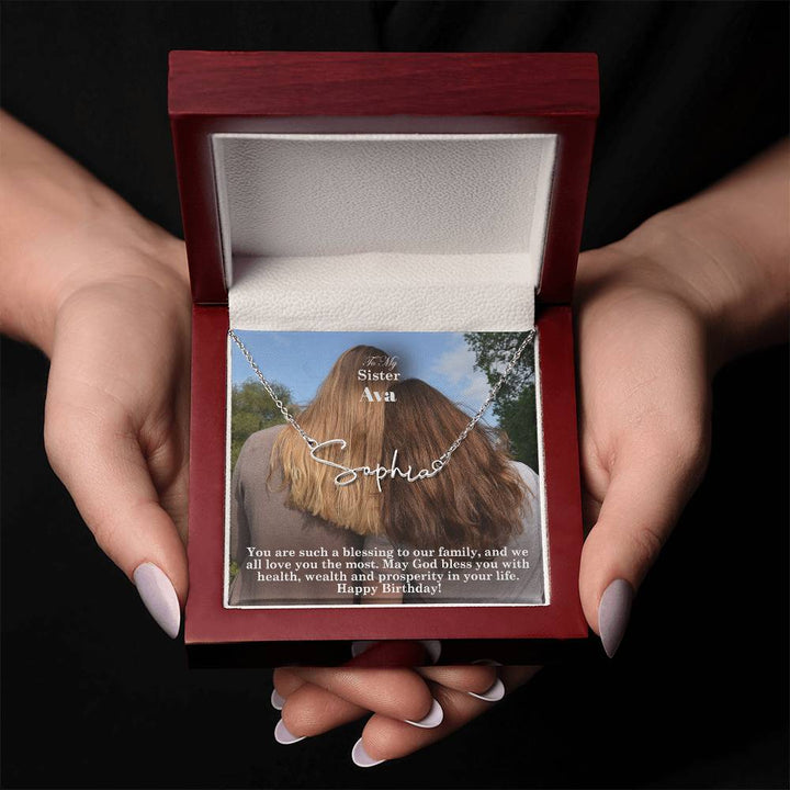 To My Sister, May God Bless You With Health, Wealth &amp; Prosperity In Your Life - Happy Birthday - Signature Name Necklace with Message Card - Gift for Sister