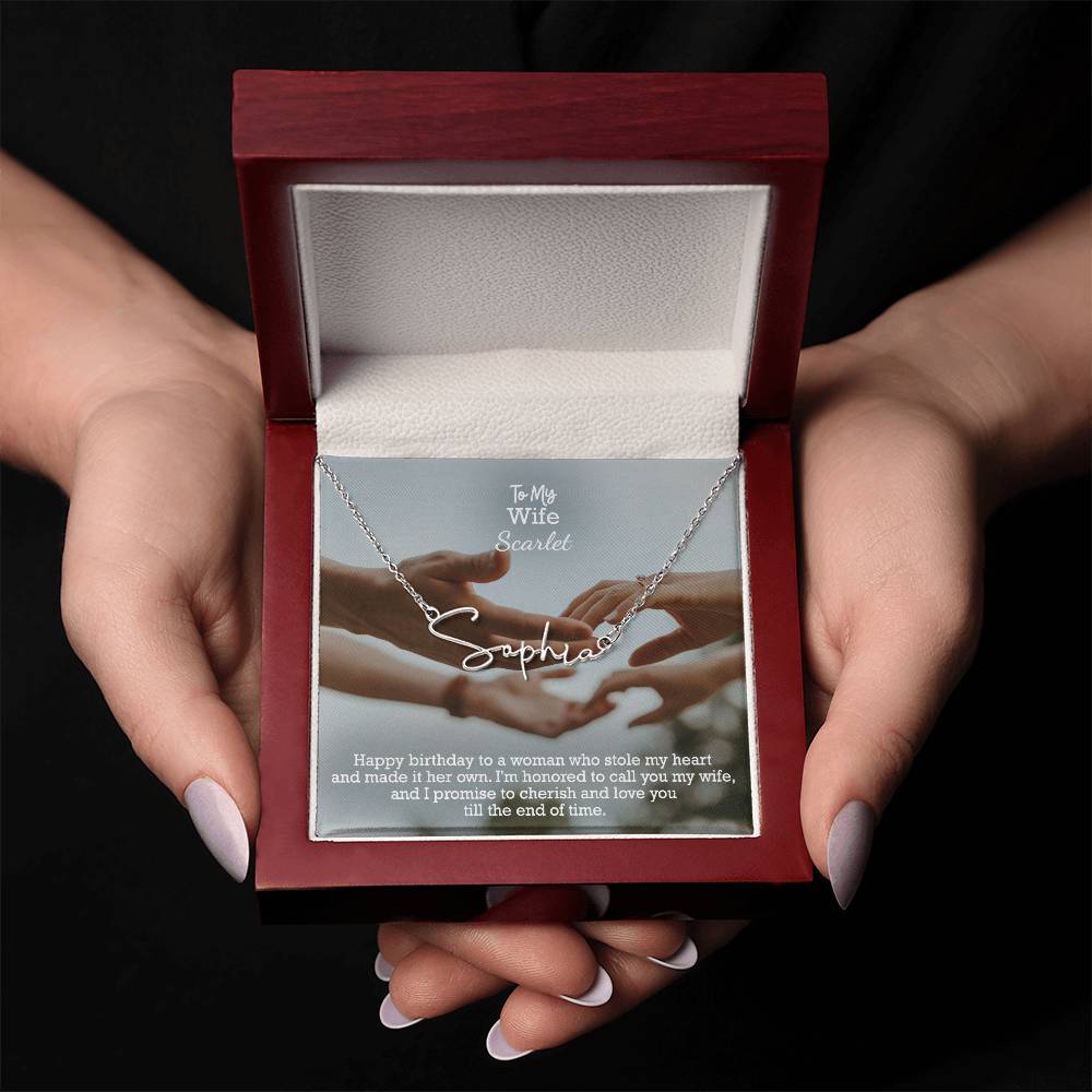 To My Wife, Happy Birthday - I'm Honored To Call You My Wife, & I Promise To Cherish & Love You Till The End Of Time - Signature Name Necklace with Message Card - Gift for Wife