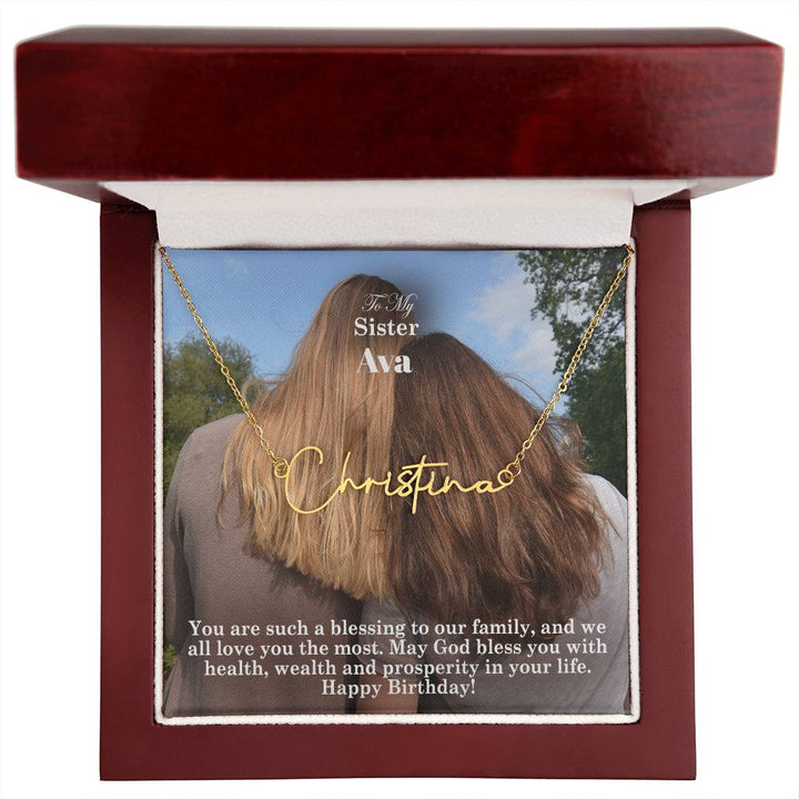 To My Sister, May God Bless You With Health, Wealth &amp; Prosperity In Your Life - Happy Birthday - Signature Name Necklace with Message Card - Gift for Sister