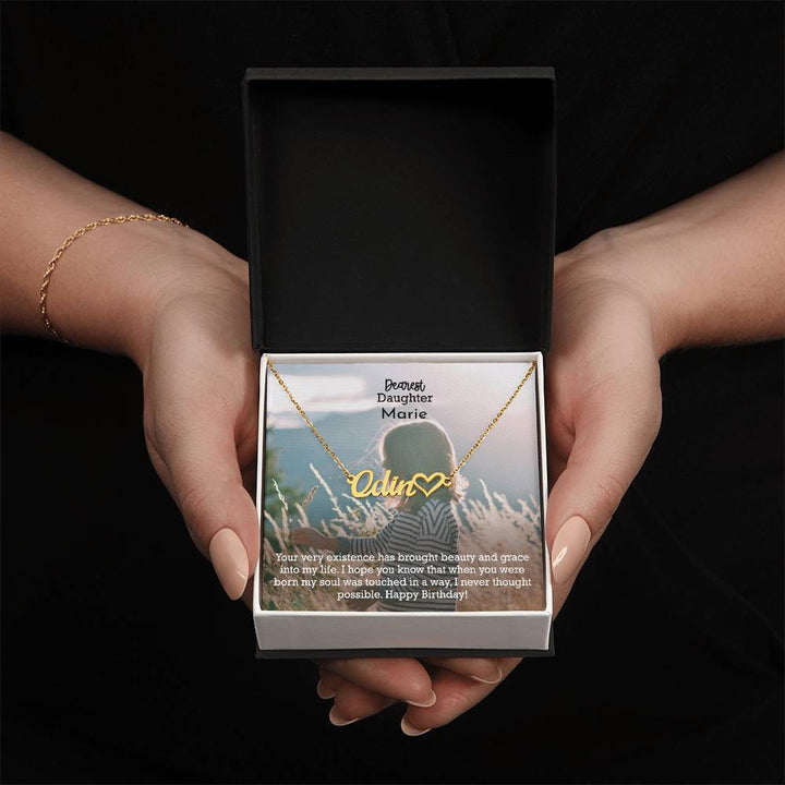 Dearest Daughter, Your Very Existence Has Brought Beauty &amp; Grace Into My Life - Happy Birthday - Name Necklace + Heart Character with Message Card - Gift for Daughter