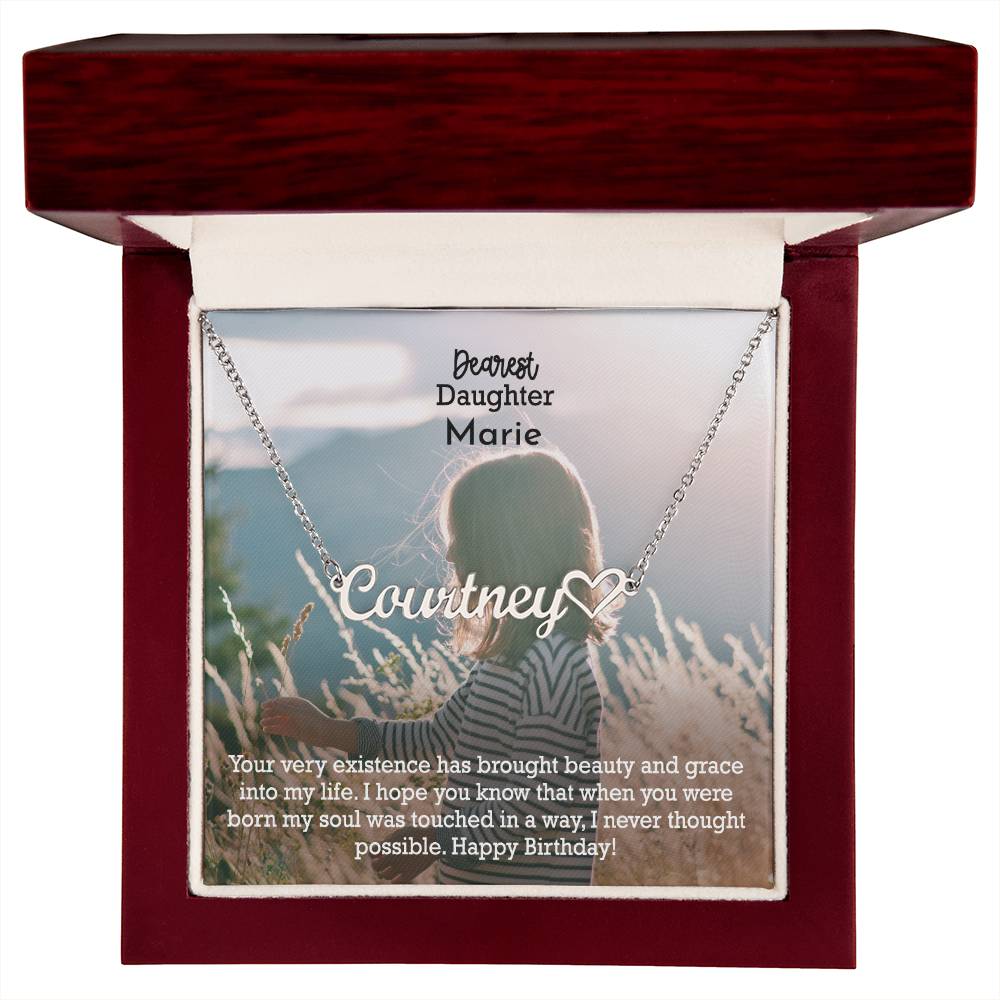 Dearest Daughter, Your Very Existence Has Brought Beauty &amp; Grace Into My Life - Happy Birthday - Name Necklace + Heart Character with Message Card - Gift for Daughter