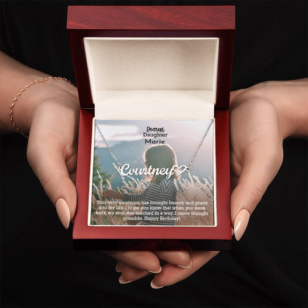 Dearest Daughter, Your Very Existence Has Brought Beauty &amp; Grace Into My Life - Happy Birthday - Name Necklace + Heart Character with Message Card - Gift for Daughter