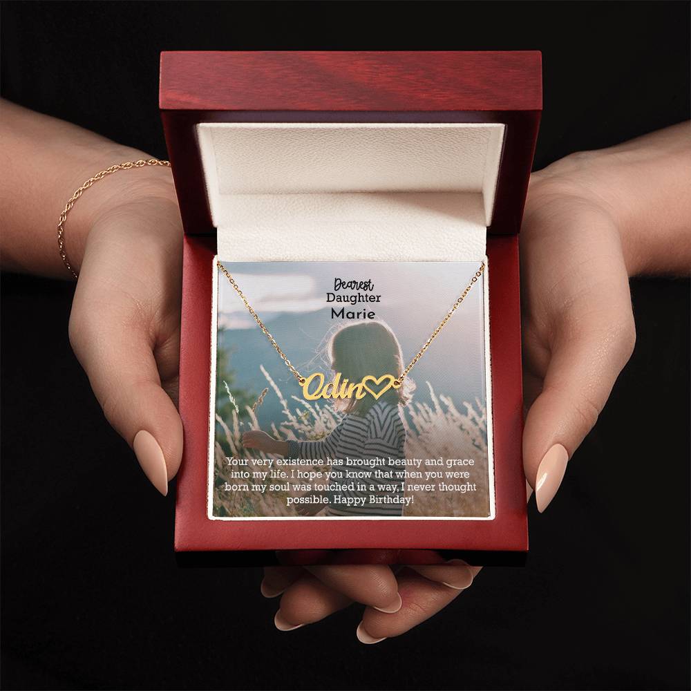 Dearest Daughter, Your Very Existence Has Brought Beauty &amp; Grace Into My Life - Happy Birthday - Name Necklace + Heart Character with Message Card - Gift for Daughter