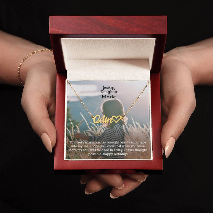 Dearest Daughter, Your Very Existence Has Brought Beauty &amp; Grace Into My Life - Happy Birthday - Name Necklace + Heart Character with Message Card - Gift for Daughter