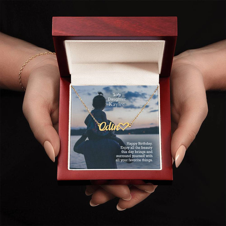 To My Daughter, Happy Birthday - Enjoy All The Beauty This Day Brings &amp; Surround Yourself With All Your Favorite Things - Name Necklace + Heart Character with Message Card - Gift for Daughter