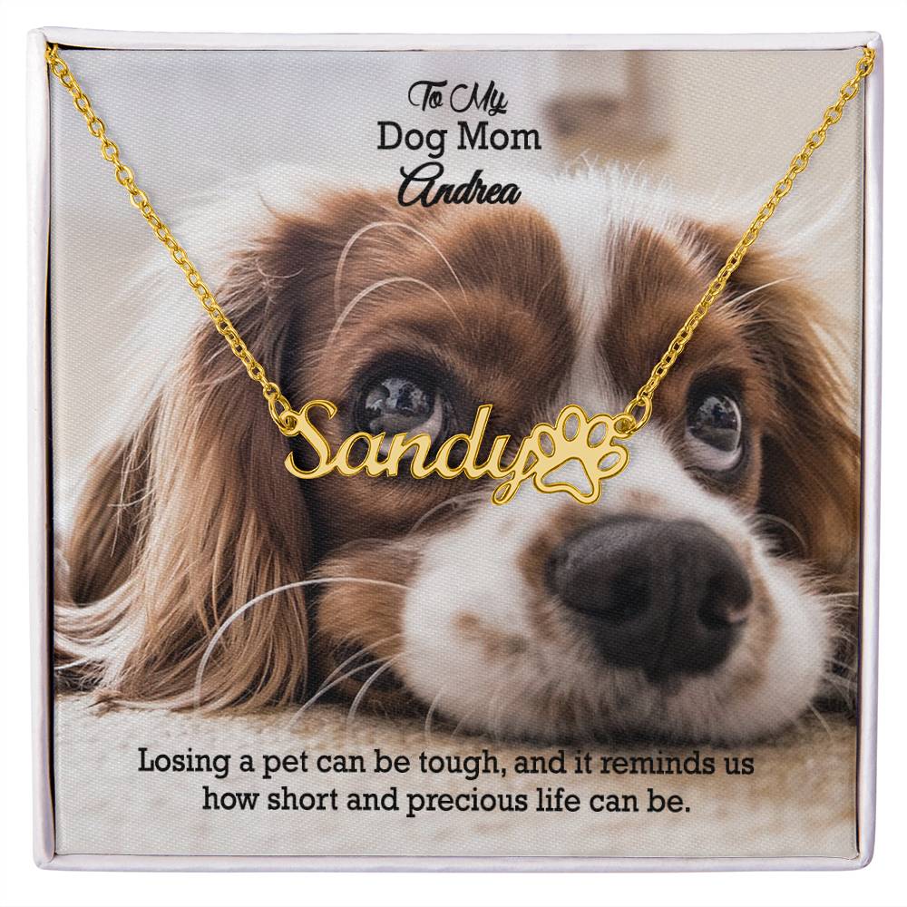 To My Dog Mom, Losing A Pet Can Be Tough, & It Reminds Us How Short & Precious Life Can Be - Paw Print Name Necklace - Gift for Dog Mom