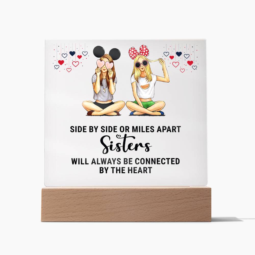 Side By Side Or Miles Apart, Sisters Will Always Be Connected By The Heart – Square Acrylic Plaque – Gift for Sister