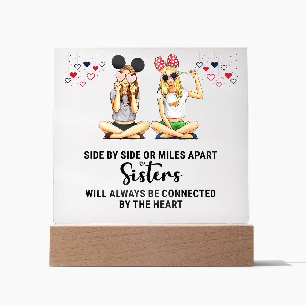 Side By Side Or Miles Apart Sisters Will Always Be Connected By The Heart - Square Acrylic Plaque - Gift for Sister