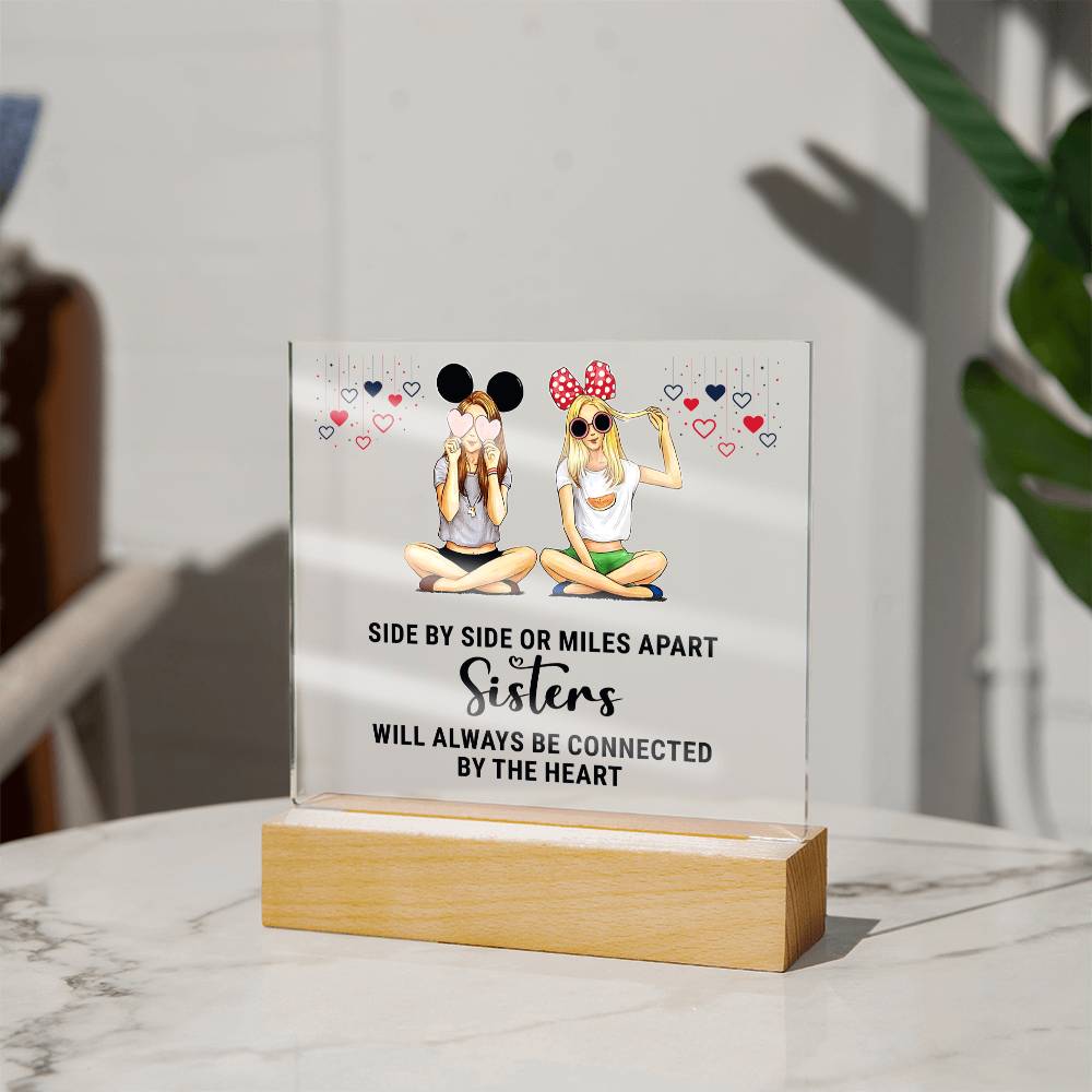 Side By Side Or Miles Apart Sisters Will Always Be Connected By The Heart - Square Acrylic Plaque - Gift for Sister