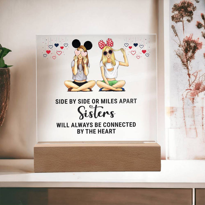 Side By Side Or Miles Apart, Sisters Will Always Be Connected By The Heart – Square Acrylic Plaque – Gift for Sister
