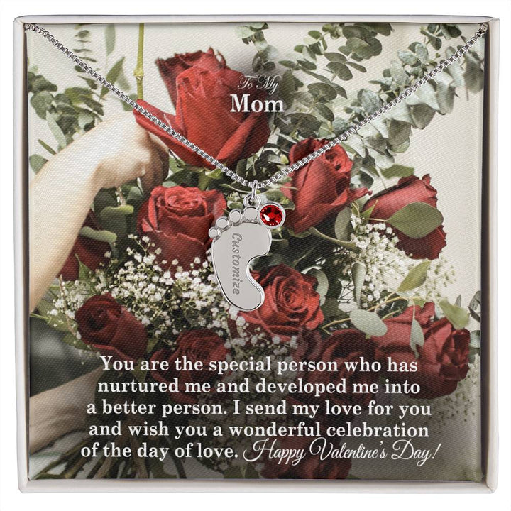 To My Mom, You Are The Special Person Who Has Nurtured Me &amp; Developed Me Into A Better Person Engraved Baby Feet Necklace – Gift for Mom