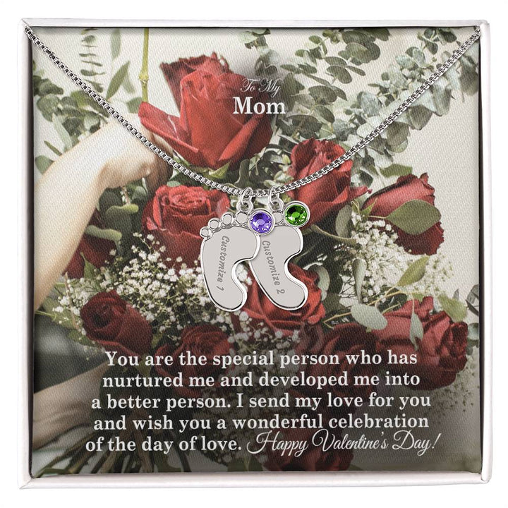 To My Mom, You Are The Special Person Who Has Nurtured Me &amp; Developed Me Into A Better Person Engraved Baby Feet Necklace – Gift for Mom