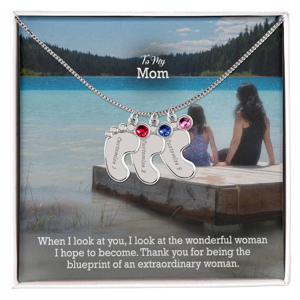 To My Mom, Thank You For Being The Blueprint Of An Extraordinary Woman - Custom Baby Feet Necklace with Birthstone - Gift for Mom