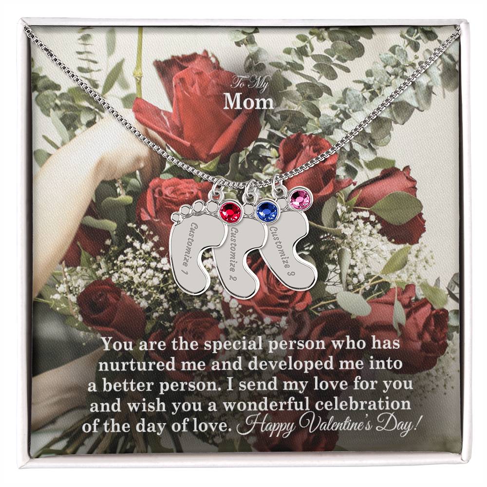 To My Mom, You Are The Special Person Who Has Nurtured Me &amp; Developed Me Into A Better Person Engraved Baby Feet Necklace – Gift for Mom