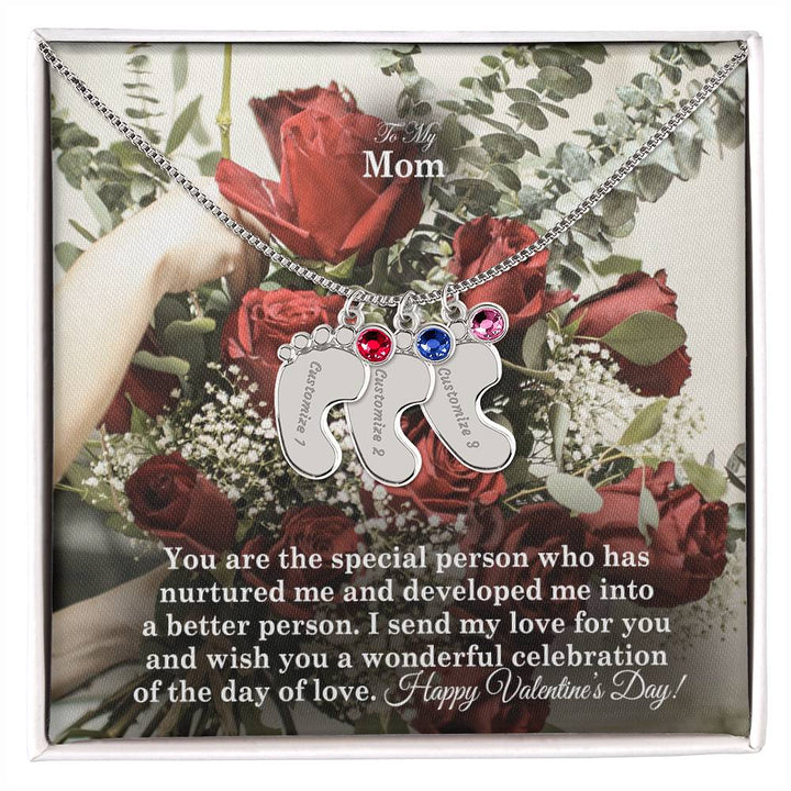 To My Mom, You Are The Special Person Who Has Nurtured Me &amp; Developed Me Into A Better Person Engraved Baby Feet Necklace – Gift for Mom
