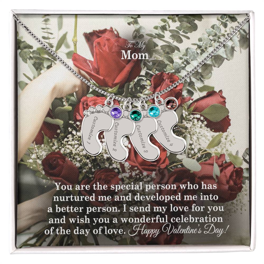To My Mom, You Are The Special Person Who Has Nurtured Me &amp; Developed Me Into A Better Person Engraved Baby Feet Necklace – Gift for Mom