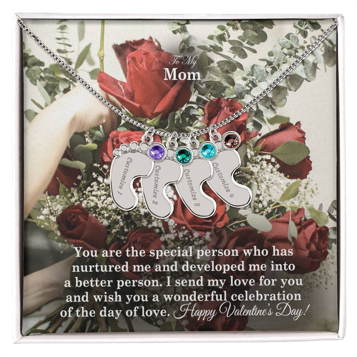 To My Mom, You Are The Special Person Who Has Nurtured Me &amp; Developed Me Into A Better Person Engraved Baby Feet Necklace – Gift for Mom