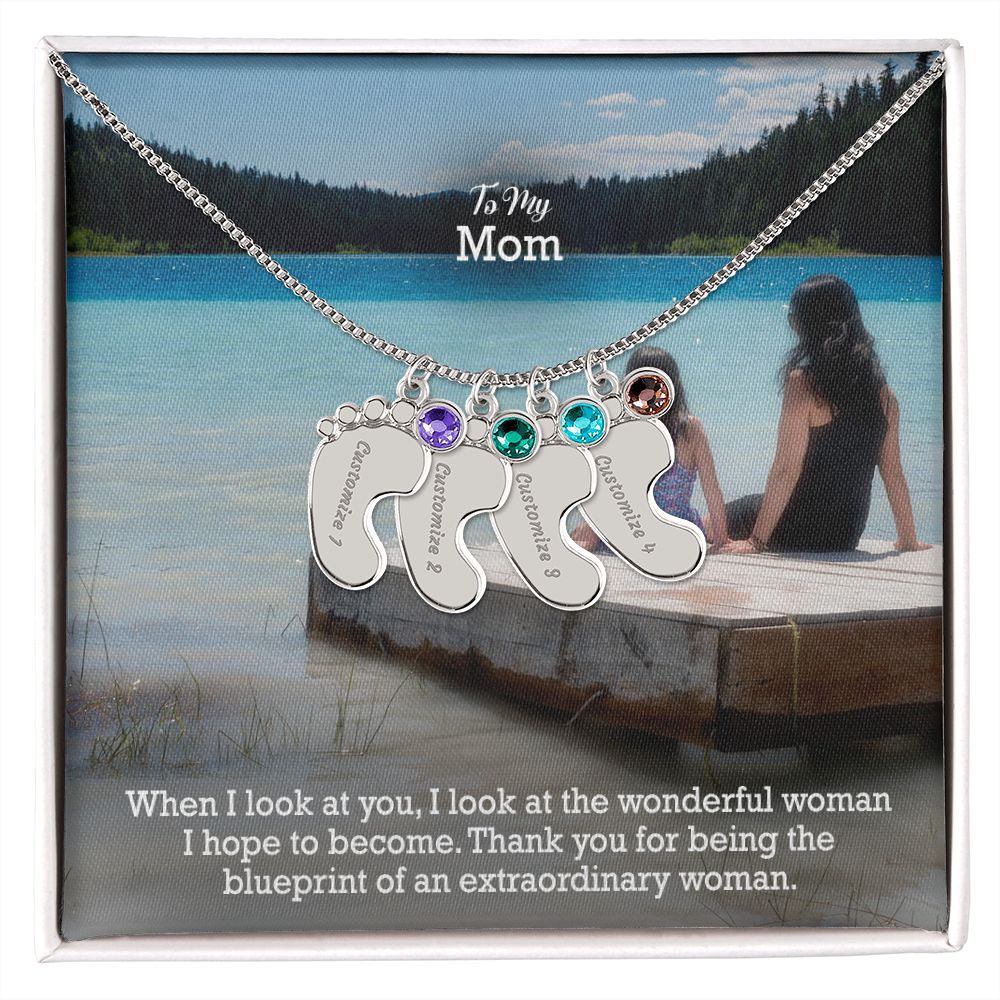 To My Mom, Thank You For Being The Blueprint Of An Extraordinary Woman - Custom Baby Feet Necklace with Birthstone - Gift for Mom