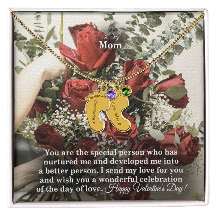 To My Mom, You Are The Special Person Who Has Nurtured Me &amp; Developed Me Into A Better Person Engraved Baby Feet Necklace – Gift for Mom