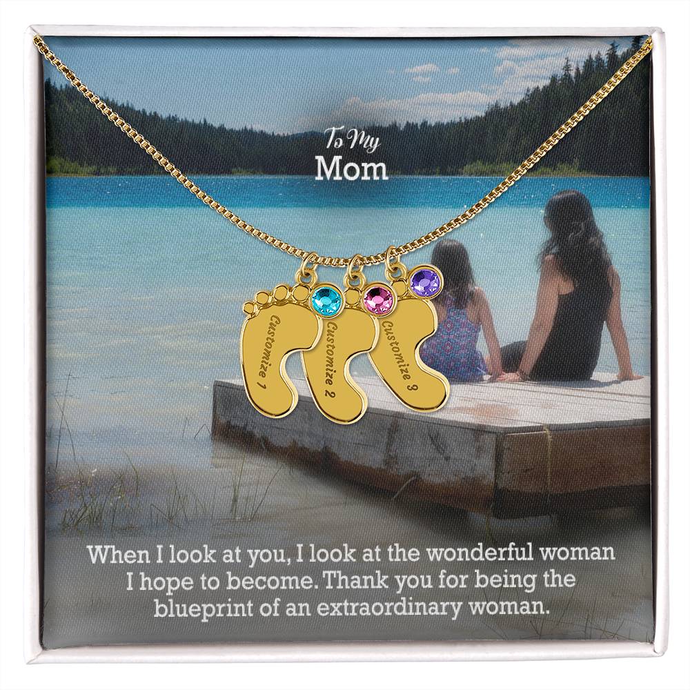 To My Mom, Thank You For Being The Blueprint Of An Extraordinary Woman - Custom Baby Feet Necklace with Birthstone - Gift for Mom