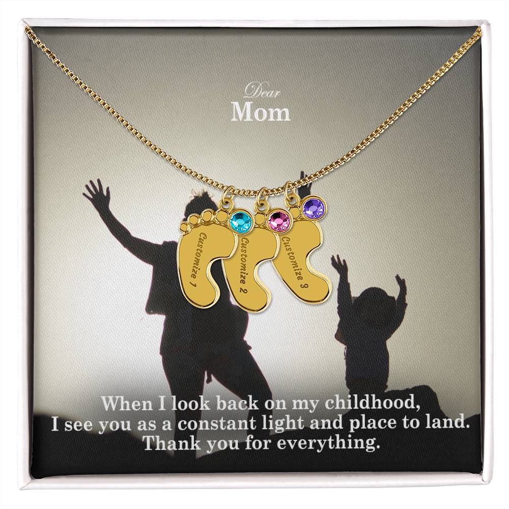 Dear Mom, When I Look Back On My Childhood, I See You As A Constant Light & Place To Land - Custom Baby Feet Necklace with Birthstone - Gift for Mom