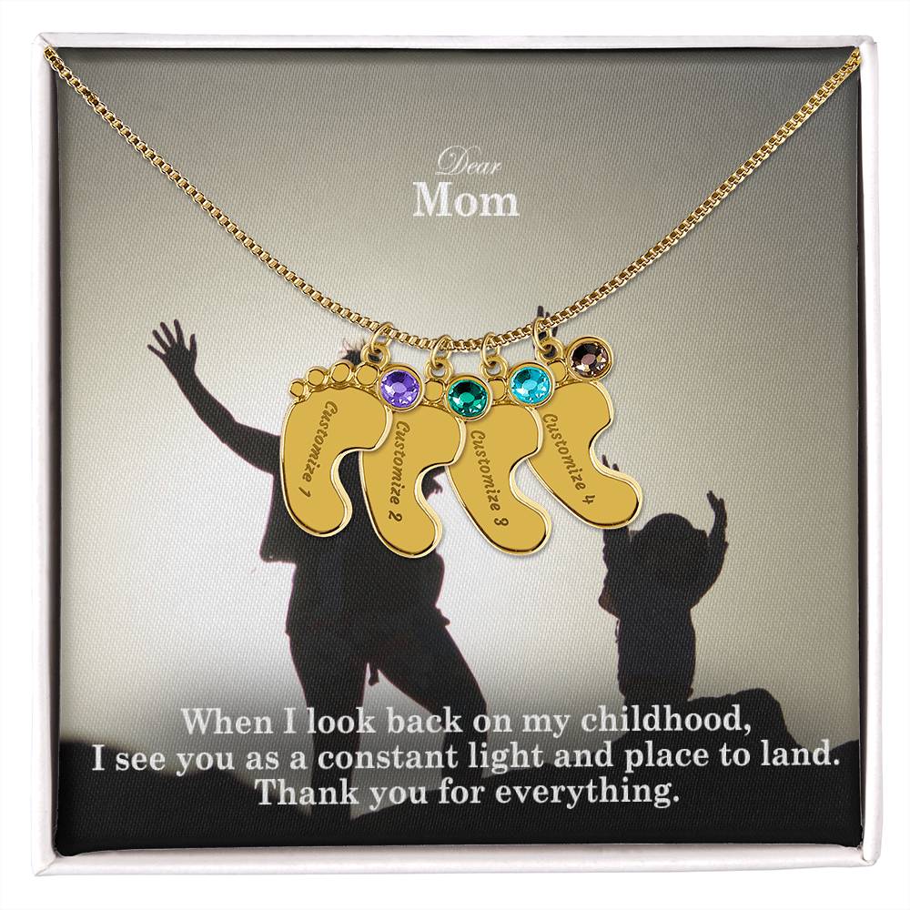 Dear Mom, When I Look Back On My Childhood, I See You As A Constant Light & Place To Land - Custom Baby Feet Necklace with Birthstone - Gift for Mom