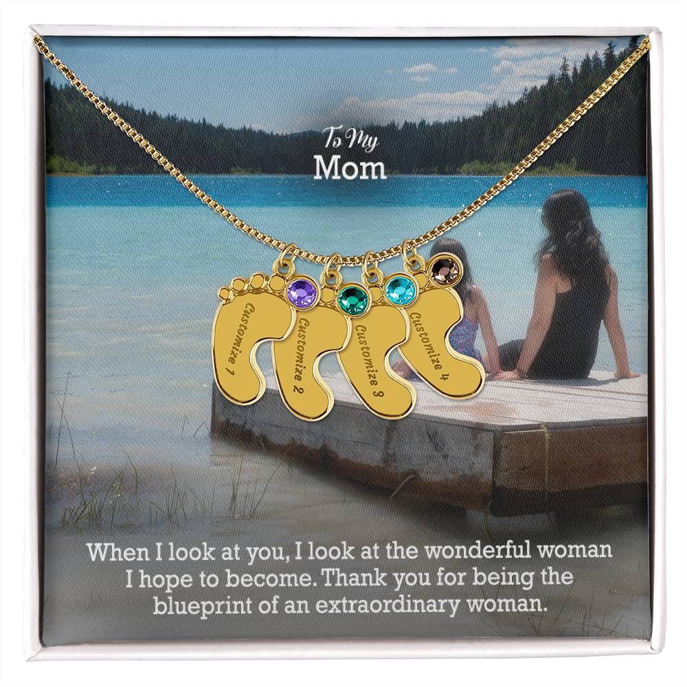 To My Mom, Thank You For Being The Blueprint Of An Extraordinary Woman - Custom Baby Feet Necklace with Birthstone - Gift for Mom