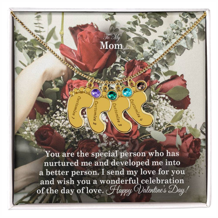 To My Mom, You Are The Special Person Who Has Nurtured Me &amp; Developed Me Into A Better Person Engraved Baby Feet Necklace – Gift for Mom