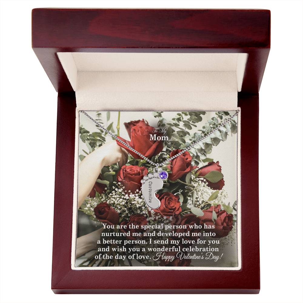 To My Mom, You Are The Special Person Who Has Nurtured Me &amp; Developed Me Into A Better Person Engraved Baby Feet Necklace – Gift for Mom