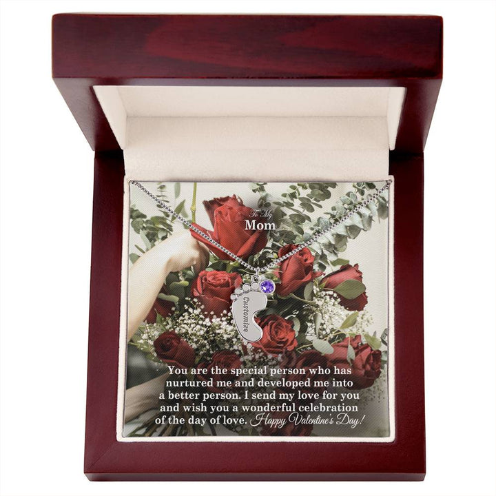To My Mom, You Are The Special Person Who Has Nurtured Me &amp; Developed Me Into A Better Person Engraved Baby Feet Necklace – Gift for Mom