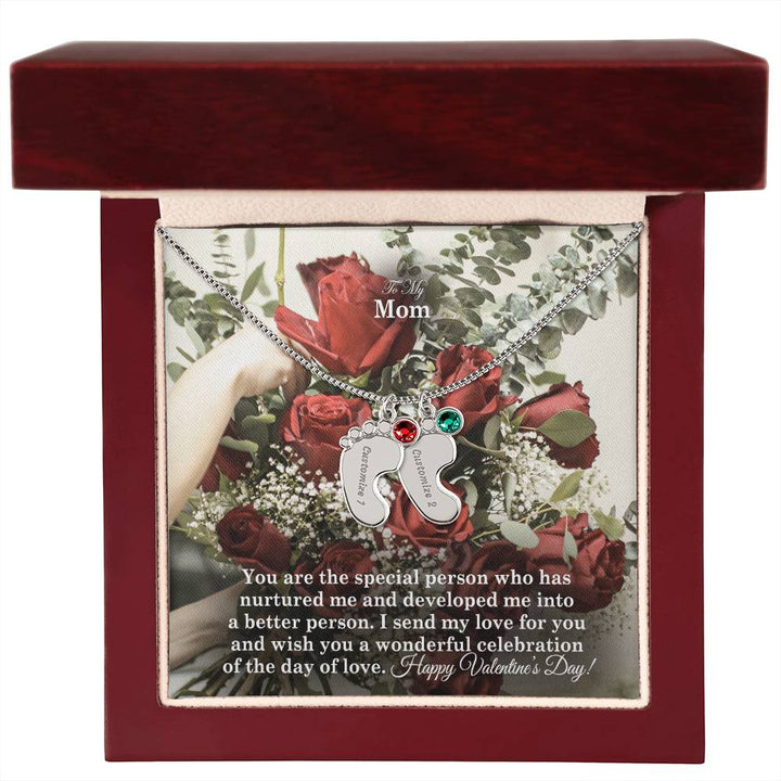 To My Mom, You Are The Special Person Who Has Nurtured Me &amp; Developed Me Into A Better Person Engraved Baby Feet Necklace – Gift for Mom