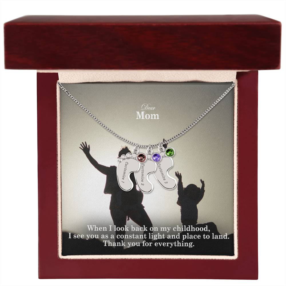 Dear Mom, When I Look Back On My Childhood, I See You As A Constant Light & Place To Land - Custom Baby Feet Necklace with Birthstone - Gift for Mom