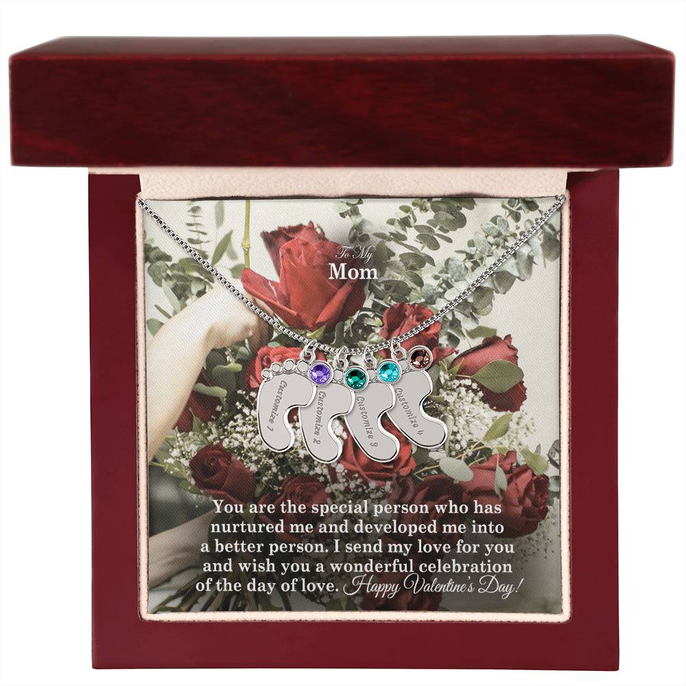To My Mom, You Are The Special Person Who Has Nurtured Me &amp; Developed Me Into A Better Person Engraved Baby Feet Necklace – Gift for Mom