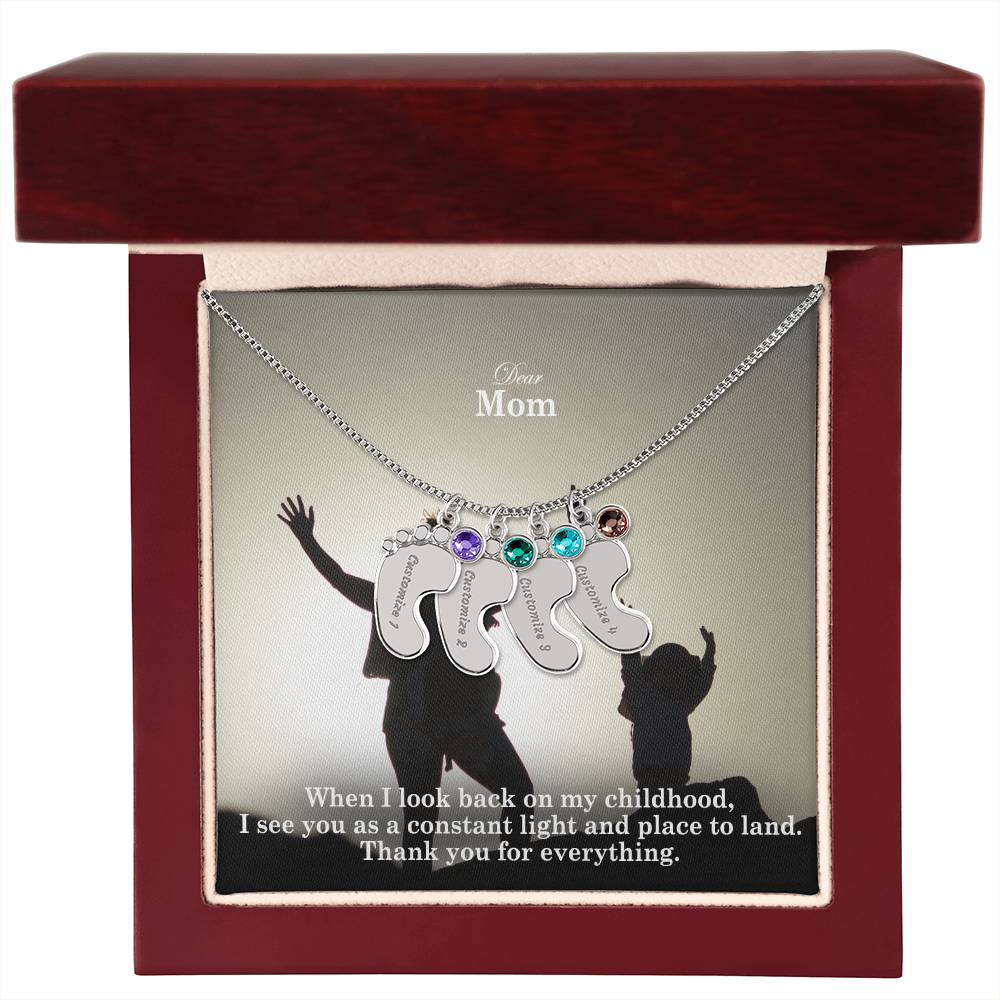 Dear Mom, When I Look Back On My Childhood, I See You As A Constant Light & Place To Land - Custom Baby Feet Necklace with Birthstone - Gift for Mom