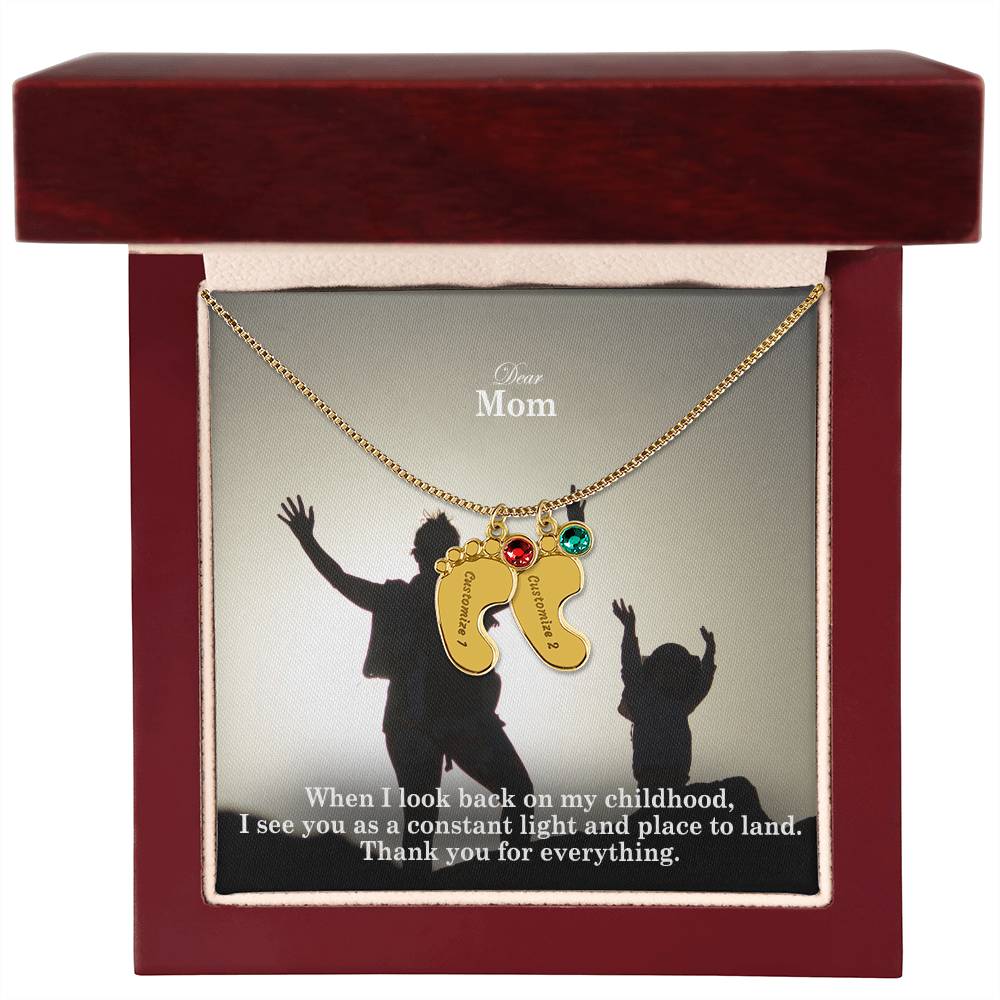 Dear Mom, When I Look Back On My Childhood, I See You As A Constant Light & Place To Land - Custom Baby Feet Necklace with Birthstone - Gift for Mom